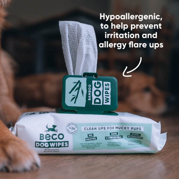 Beco Bamboo Dog Wipes Unscented Natural Pet Grooming Wipes for Sensitive Skin, Eco-Friendly & Gentle Cleaning