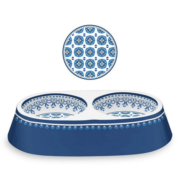 Tarhong Moroccan Pet Bowl Double Indigo Large 15.1 Inch x 3 Inch Durable Ceramic Dog & Cat Feeding Bowl