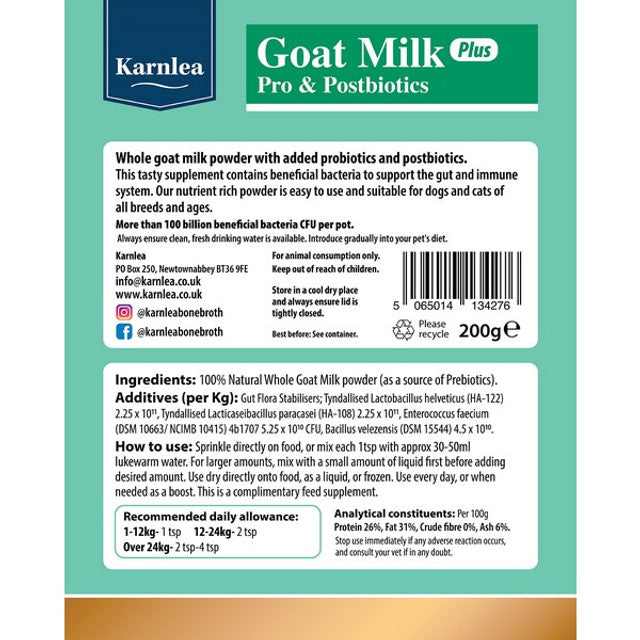 Karnlea Goat Milk Plus Powder with Pro & Postbiotics – 200g for Dogs & Cats
