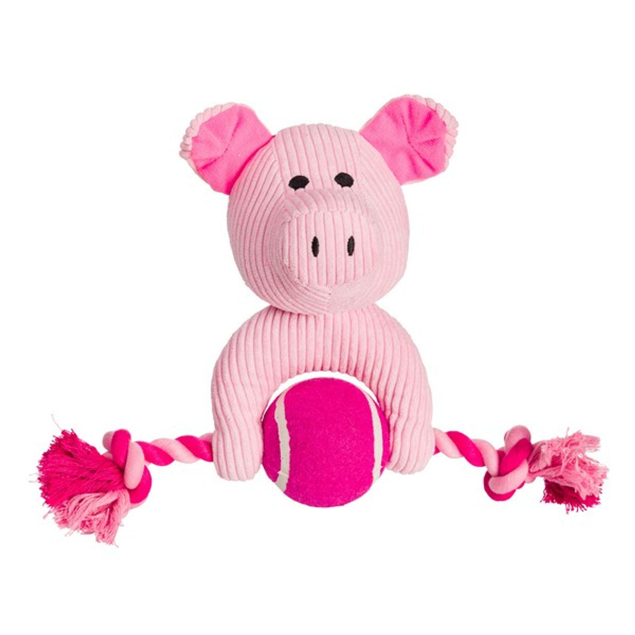 House of Paws Pink Cord Pig Dog Toy with Tennis Ball and Rope