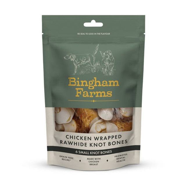Bingham Farms Chicken Wrapped Rawhide Knot Bone Sml 6pk 90g Case of 10