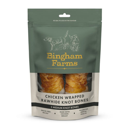 Bingham Farms Chicken Wrapped Rawhide Knot Bone Med 2pk 160g Case of 10