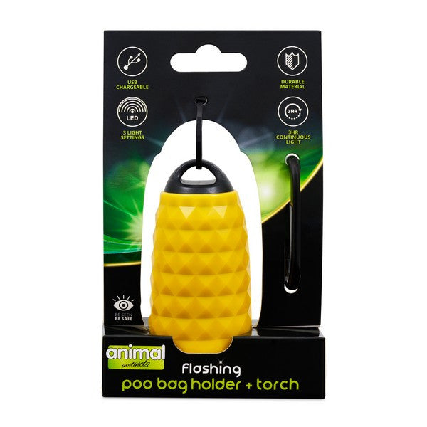 Animal Instincts LED Flashing Safety Poop Bag Holder with Torch High-Visibility Dog Walking Accessory Yellow