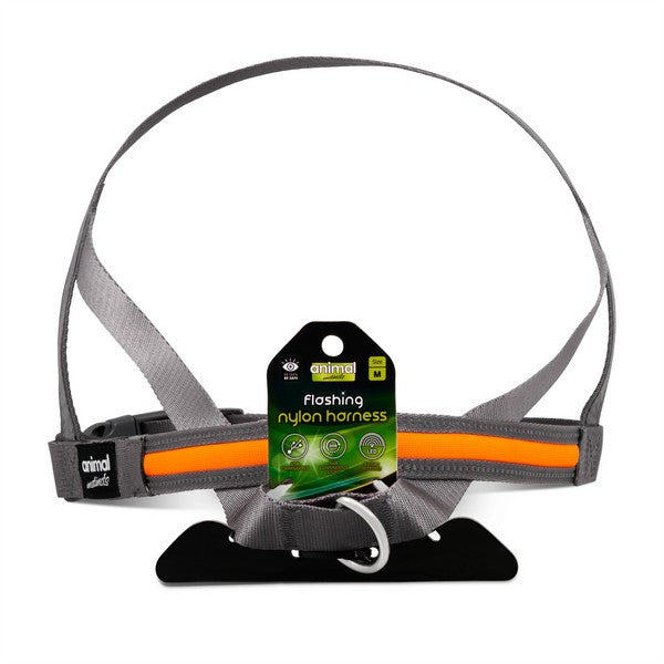Animal Instincts Flashing Safety USB Dog Harness LED Full-Shine Nylon High Visibility Reflective Grey/Orange Size M 75cm