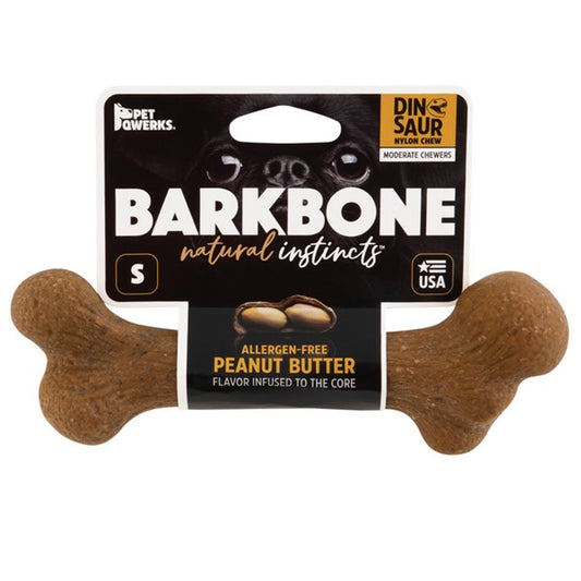 Pet Qwerks Dinosaur BarkBone Peanut Butter Wood Chew Toy Small