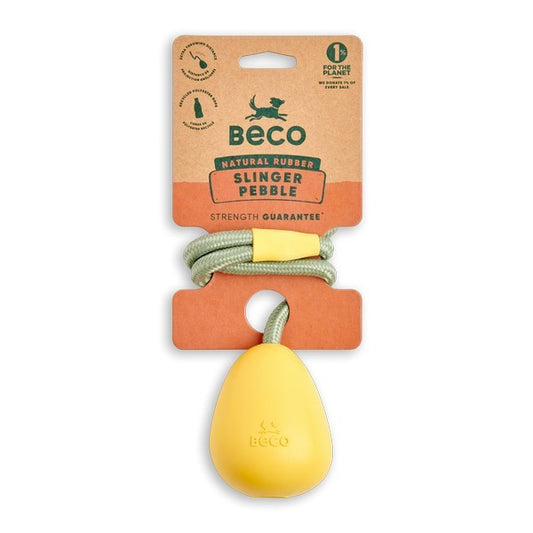 Beco Natural Rubber Pebble Slinger Toy Yellow Durable Fetch Dog Toy for Interactive Play