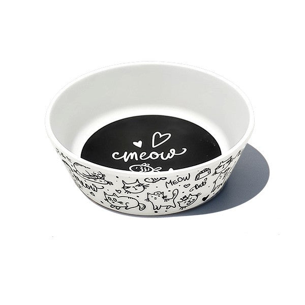 Tarhong Black & White Meow Cat Bowl Small Ceramic Pet Food Dish 1.5 Cups