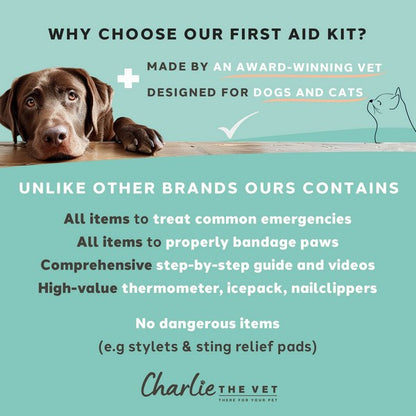 Charlie The Vet Pet First Aid Kit  Emergency Care Supplies for Dogs & Cats Compact Travel-Friendly Kit
