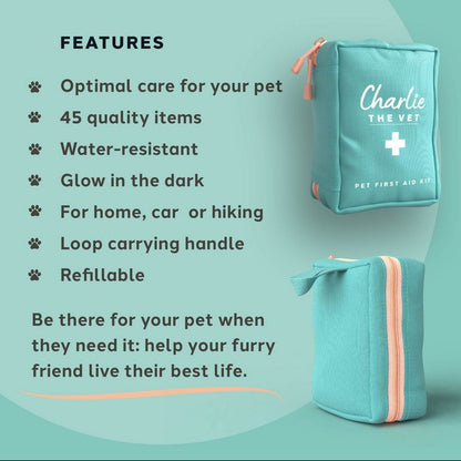 Charlie The Vet Pet First Aid Kit  Emergency Care Supplies for Dogs & Cats Compact Travel-Friendly Kit