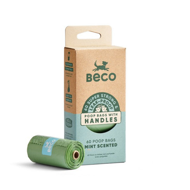 Beco Mint Scented Dog Poop Bags with Handles Leak-Proof, Eco-Friendly Pet Waste Bags 60 Pack
