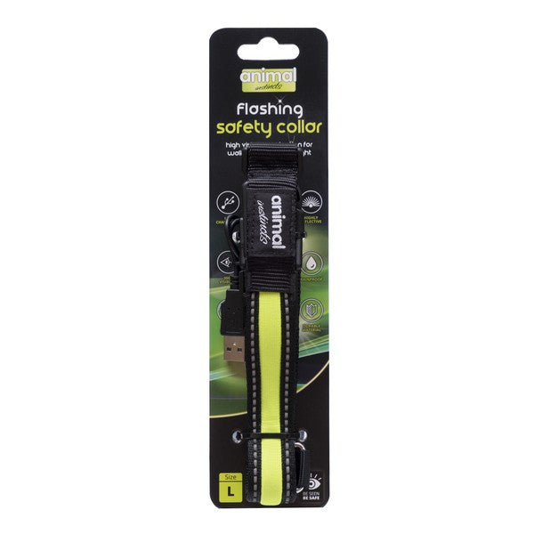 Animal Instincts Flashing LED Safety Dog Collar Large 45-63cm Yellow High Visibility Pet Night Safety
