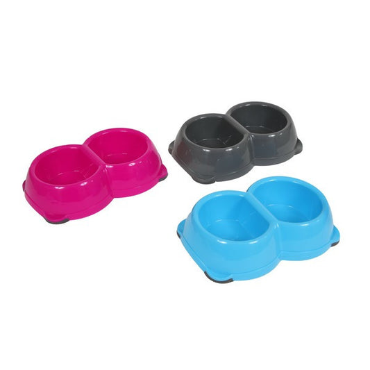 Animal Instincts Plastic Twin Dog Bowl Set Grey/Pink/Blue, 280ml x2, Case of 3 Durable Pet Feeding Bowls