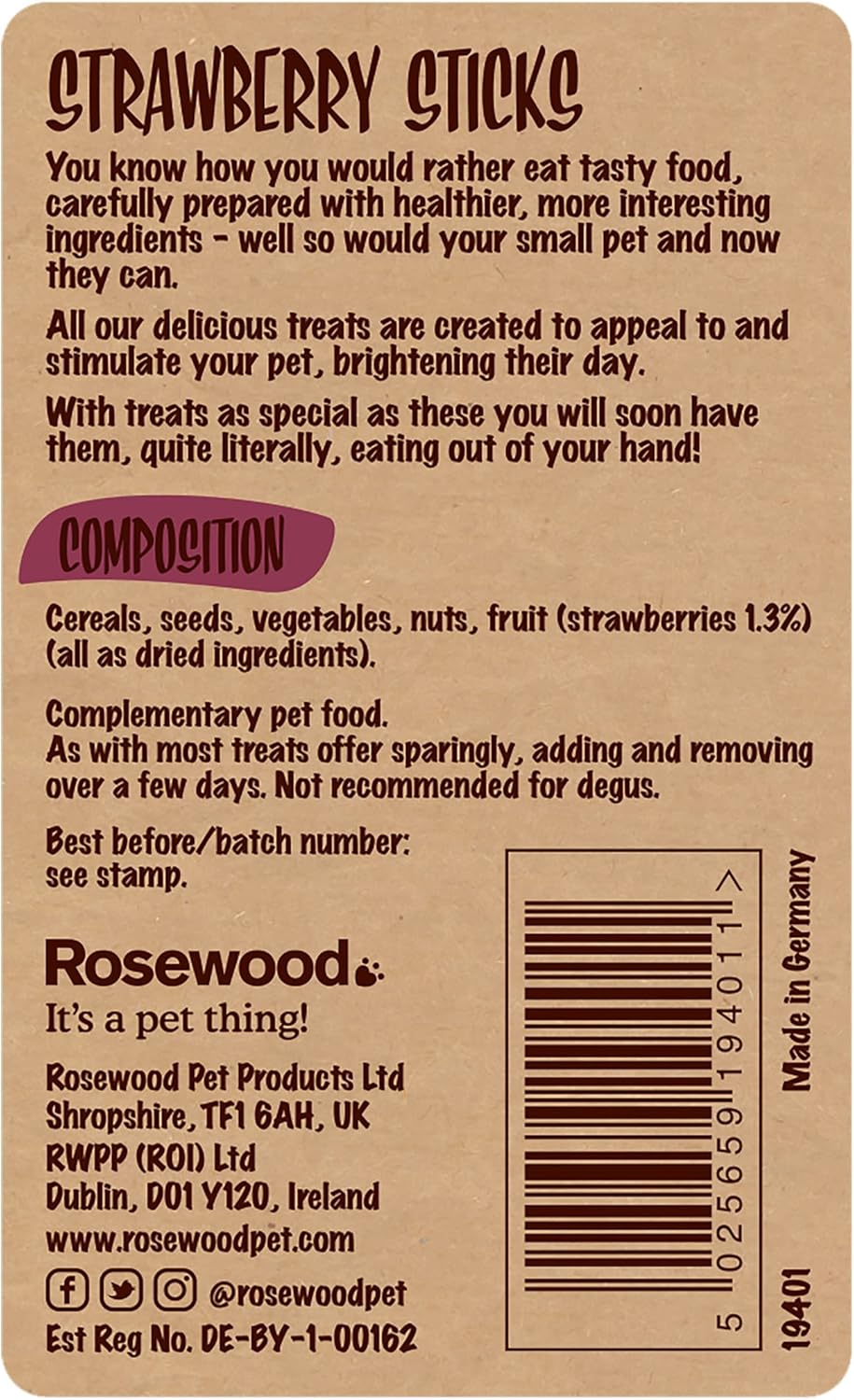 Rosewood Strawberry Sticks Strawberry Small Animal Treats, Crunchy Chew Snacks, 120g