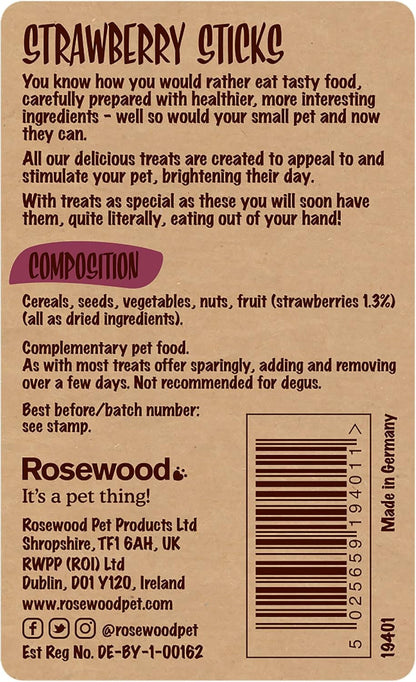 Rosewood Strawberry Sticks Strawberry Small Animal Treats, Crunchy Chew Snacks, 120g