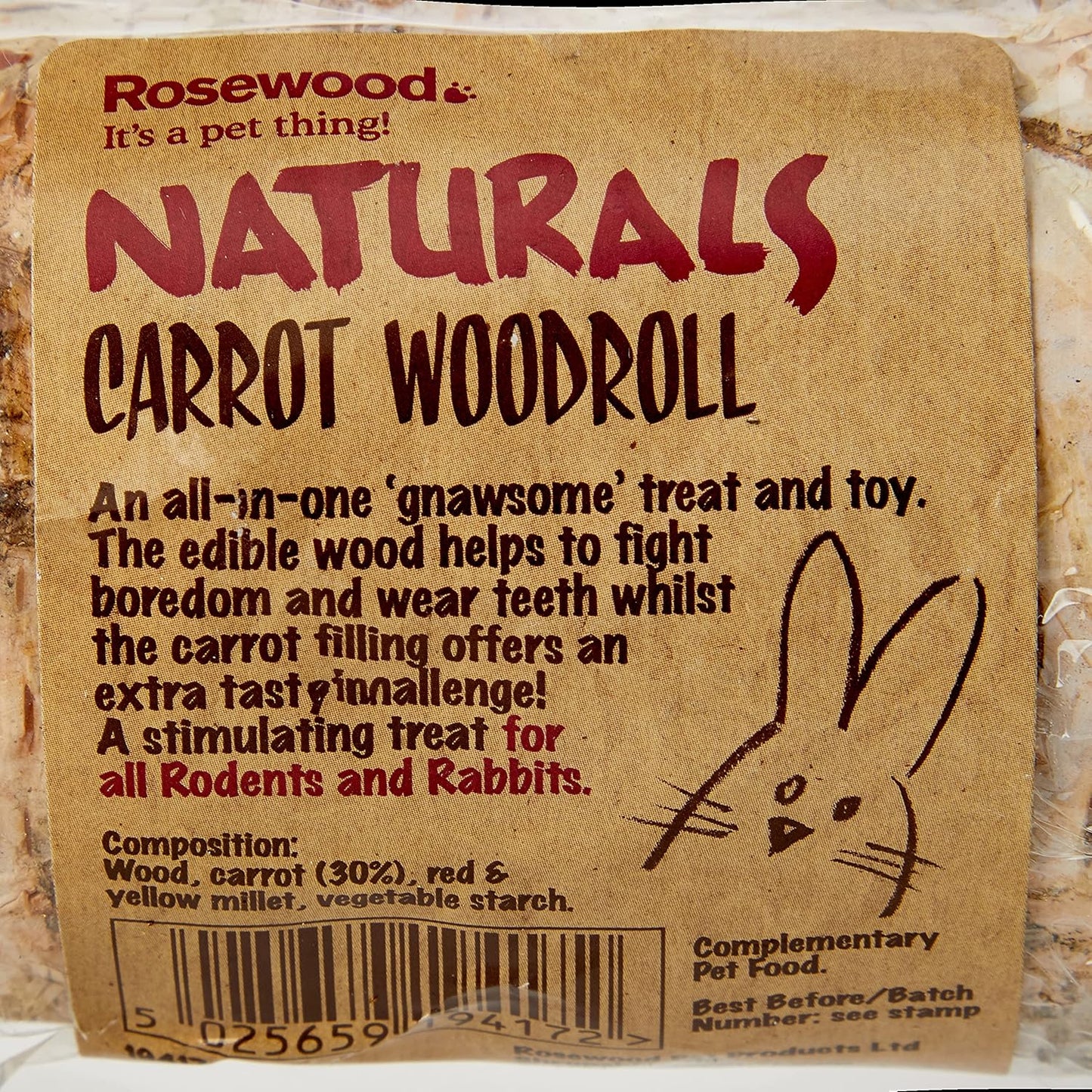 Rosewood Nibble Woodroll Carrot Chew Toy for Small Animals, Healthy Treat